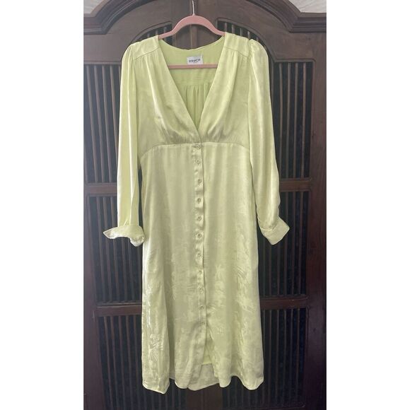Frnch Paris Lime Green Satin Midi Dress Size L Long Sleeve Button Front - Picture 1 of 7